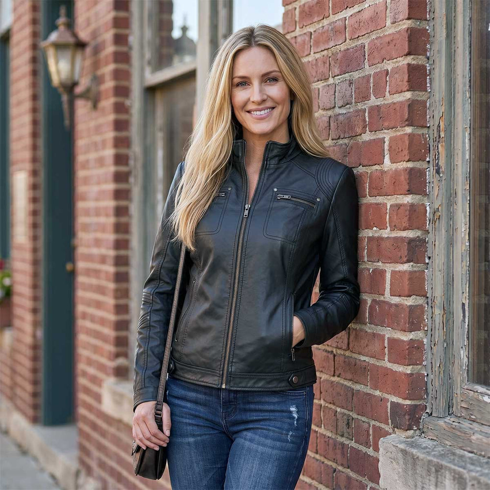 Milwaukee Leather SFL2801 Women's Racer Black Stand Up Collar Motorcycle Fashion Leather Jacket