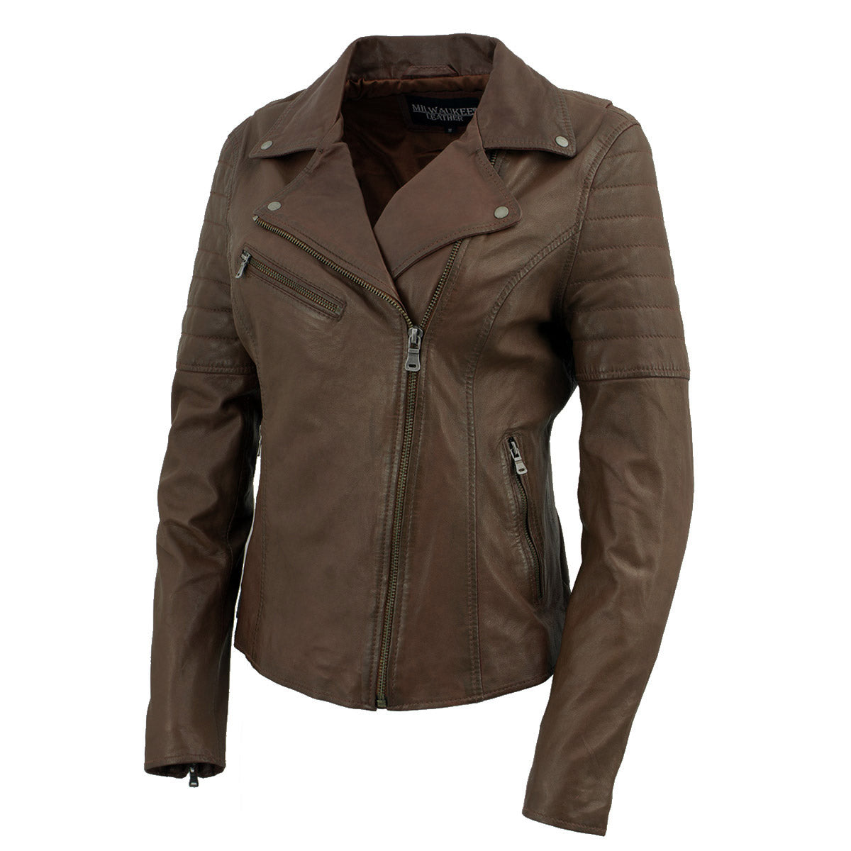 Milwaukee Leather Brown Vintage Motorcycle Inspired Vegan Tan Fashion Leather Jacket for Women SFL2812