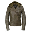 Milwaukee Leather SFL2815 Womens Olive Motorcycle Style Leather Jacket with Hoodie and Asymmetrical Zipper