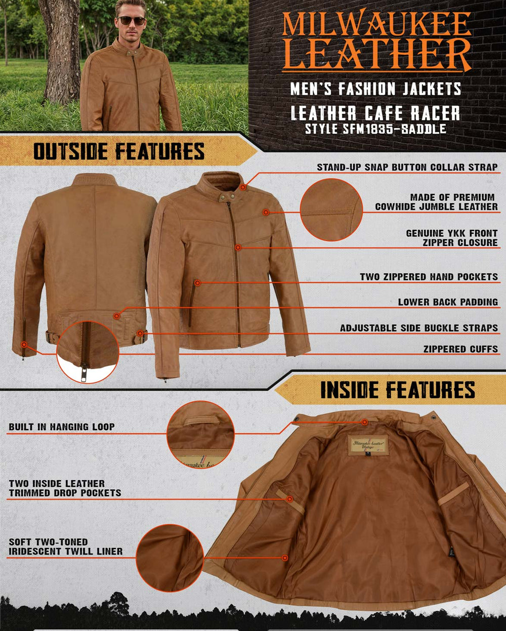 Milwaukee Leather SFM1835 Men's Saddle ‘Cafe Racer’ Leather Jacket with Snap Button Collar