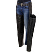 Milwaukee Leather SH1116 Women's Classic Braided & Fringed Black Leather Motorcycle Chaps w/ Black Rose Embroidery