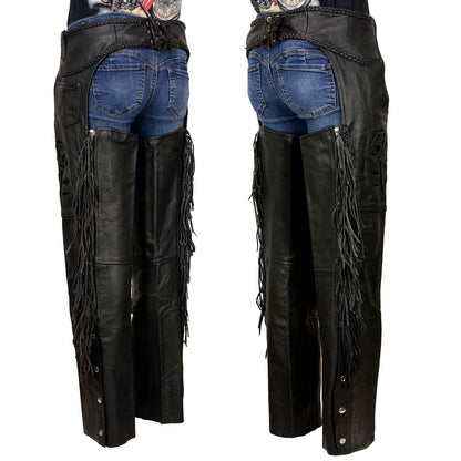 Milwaukee Leather SH1116 Women's Classic Braided & Fringed Black Leather Motorcycle Chaps w/ Black Rose Embroidery