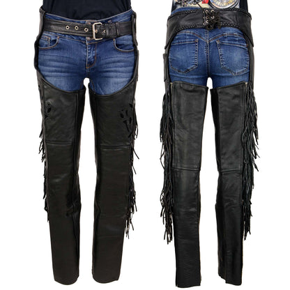 Milwaukee Leather SH1116 Women's Classic Braided & Fringed Black Leather Motorcycle Chaps w/ Black Rose Embroidery