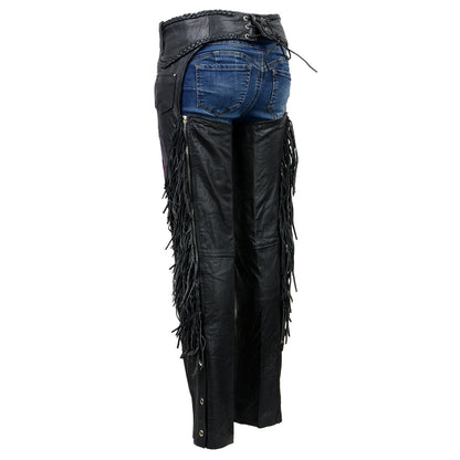 Milwaukee Leather SH1116 Women's Classic Braided & Fringed Black Leather Motorcycle Chaps w/ Purple Rose Embroidery