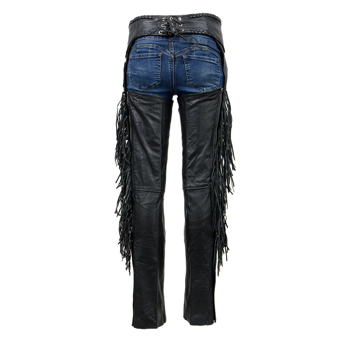 Milwaukee Leather SH1116 Women's Classic Braided & Fringed Black Leather Motorcycle Chaps w/ Purple Rose Embroidery