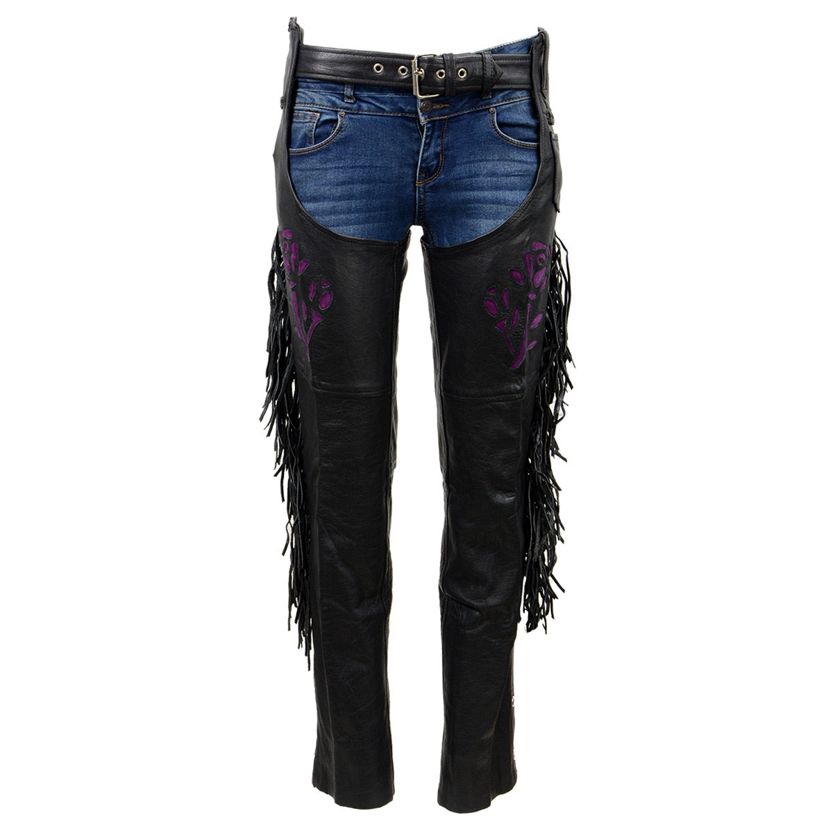 Milwaukee Leather SH1116 Women's Classic Braided & Fringed Black Leather Motorcycle Chaps w/ Purple Rose Embroidery