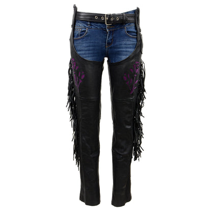 Milwaukee Leather SH1116 Women's Classic Braided & Fringed Black Leather Motorcycle Chaps w/ Purple Rose Embroidery