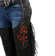 Milwaukee Leather SH1116 Women's Classic Braided & Fringed Black Leather Motorcycle Chaps w/ Red Rose Embroidery