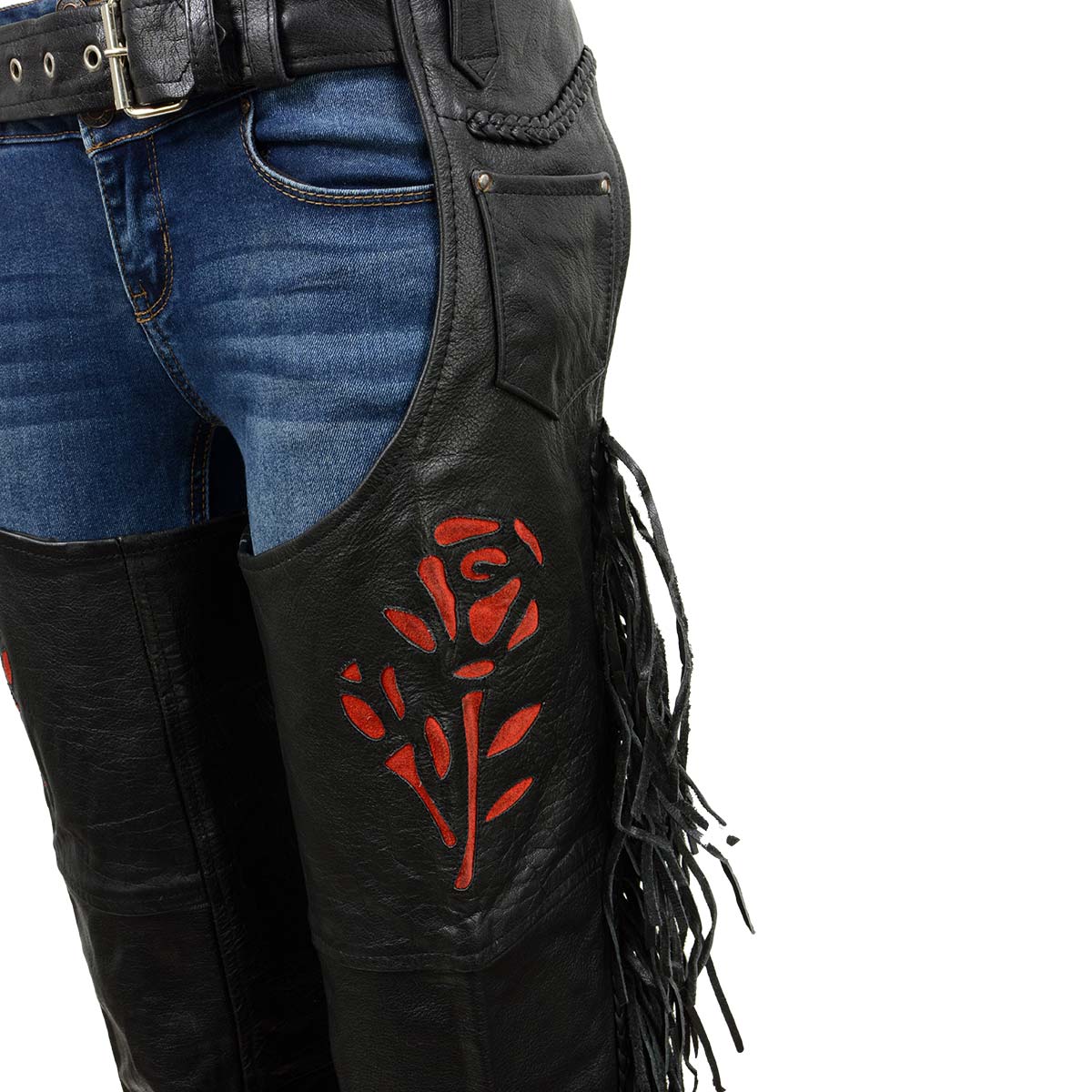 Milwaukee Leather SH1116 Women's Classic Braided & Fringed Black Leather Motorcycle Chaps w/ Red Rose Embroidery