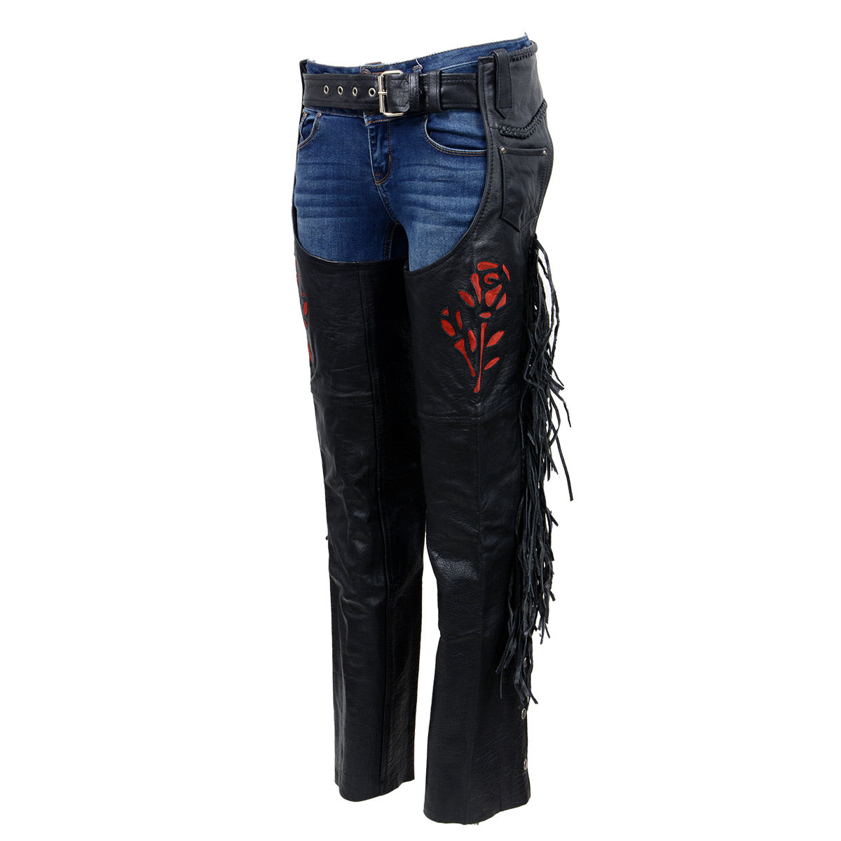 Milwaukee Leather SH1116 Women's Classic Braided & Fringed Black Leather Motorcycle Chaps w/ Red Rose Embroidery