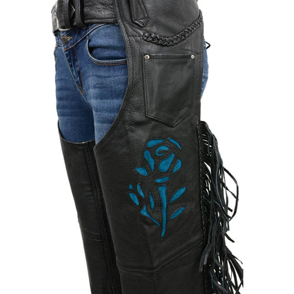 Milwaukee Leather SH1116 Women's Classic Braided & Fringed Black Leather Motorcycle Chaps w/ Turq Rose Embroidery