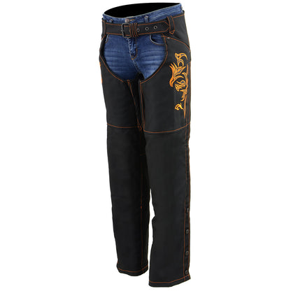 Milwaukee Leather SH1182 Women's Black with Orange Textile Motorcycle Riding Chaps with Tribal Embroidery