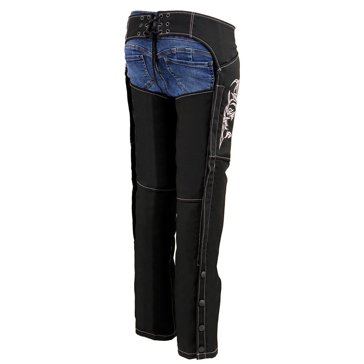 Milwaukee Leather SH1182 Women's Black with Pink Textile Motorcycle Riding Chaps with Tribal Embroidery