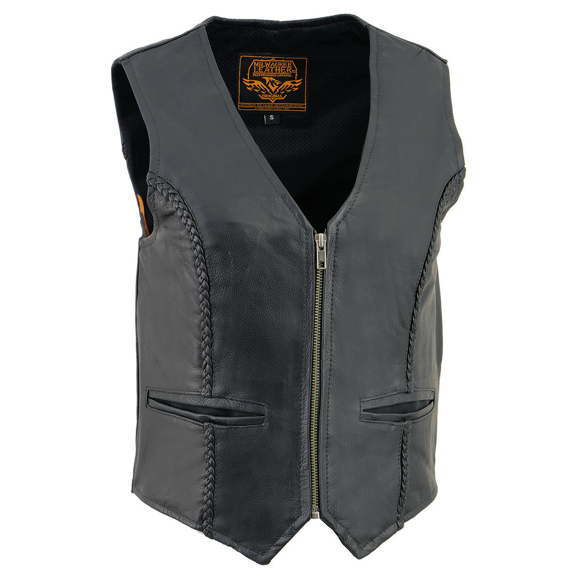 Milwaukee Leather SH1246Z Women's Black 'Braided' Classic Leather Zipper Front Motorcycle Vest