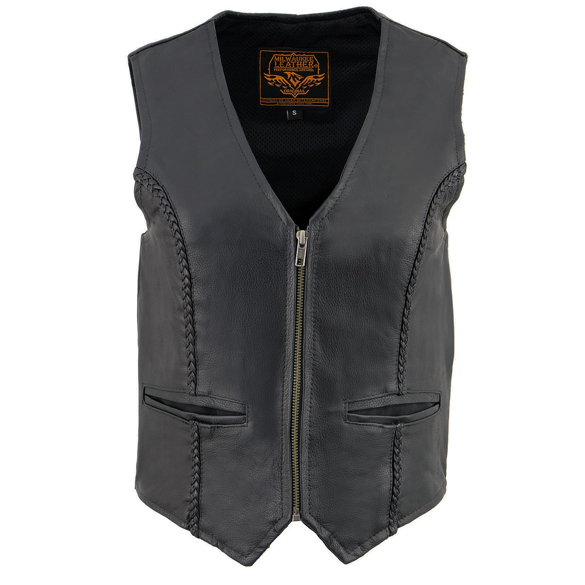 Milwaukee Leather SH1246Z Women's Black 'Braided' Classic Leather Zipper Front Motorcycle Vest