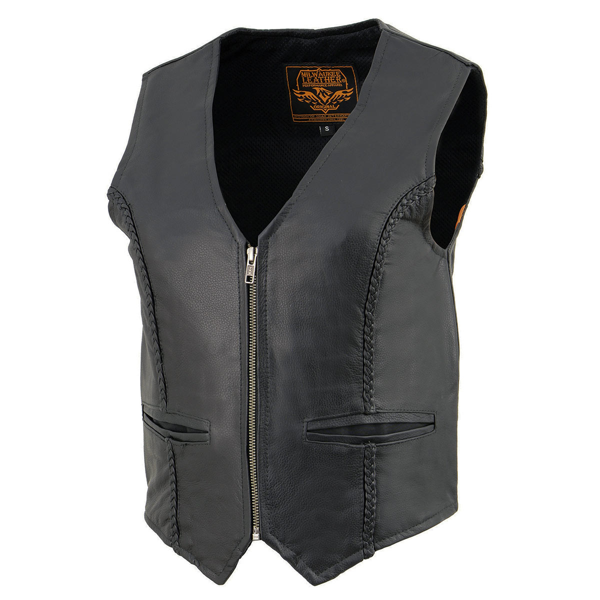 Milwaukee Leather SH1246Z Women's Black Leather Classic Braided Motorcycle Rider Vest with Front Zip Closure
