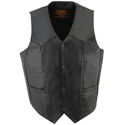 Milwaukee Leather SH1310 Men's Black Leather Classic V-Neck Motorcycle Rider Vest w/ Front Snap Button Closure
