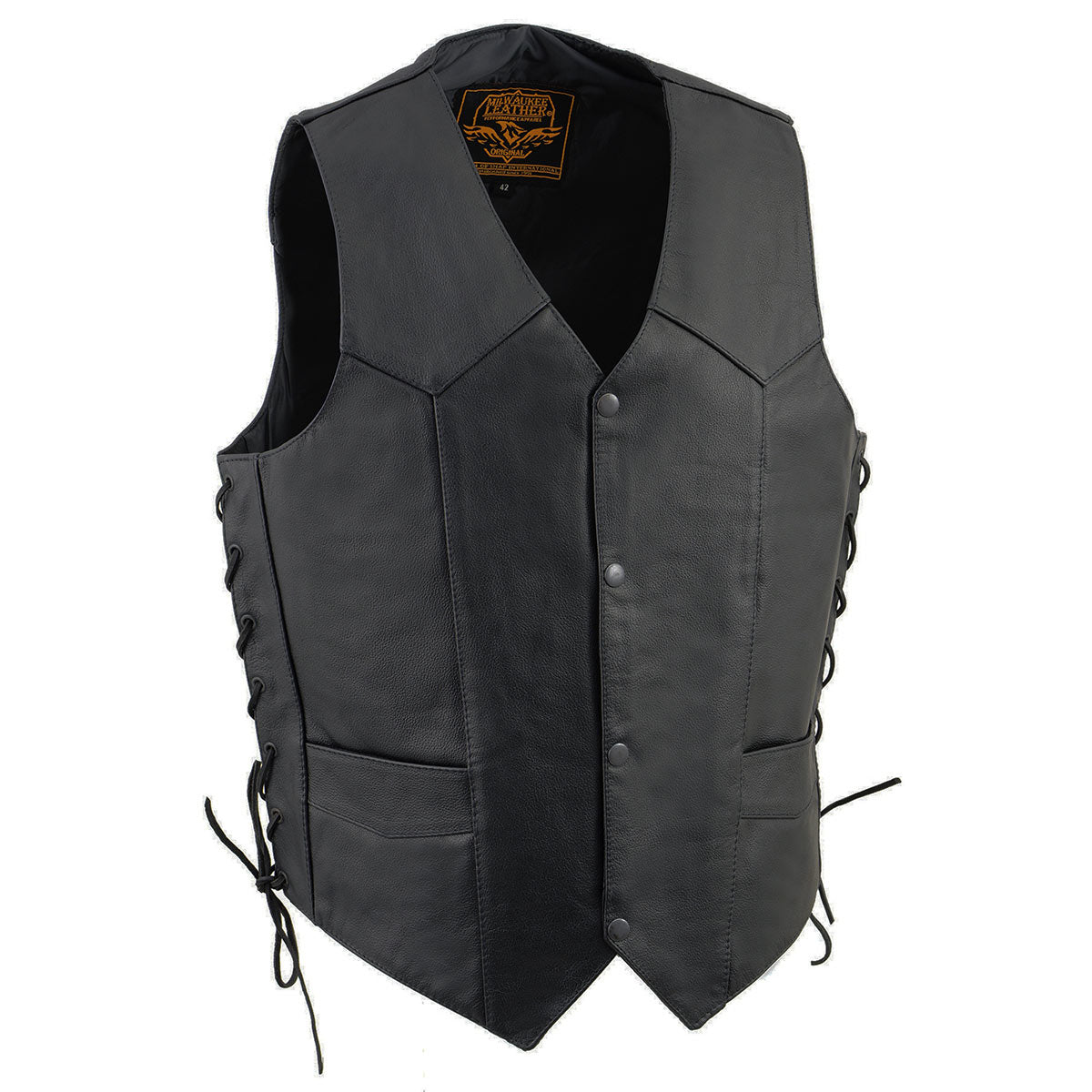 Milwaukee Leather SH131578 Men's Black Leather Classic V-Neck Motorcycle Leather Vest w/ Side Lace w/ Side Lace