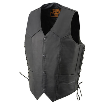 Milwaukee Leather SH131578 Men's Black Leather Classic V-Neck Motorcycle Leather Vest w/ Side Lace w/ Side Lace