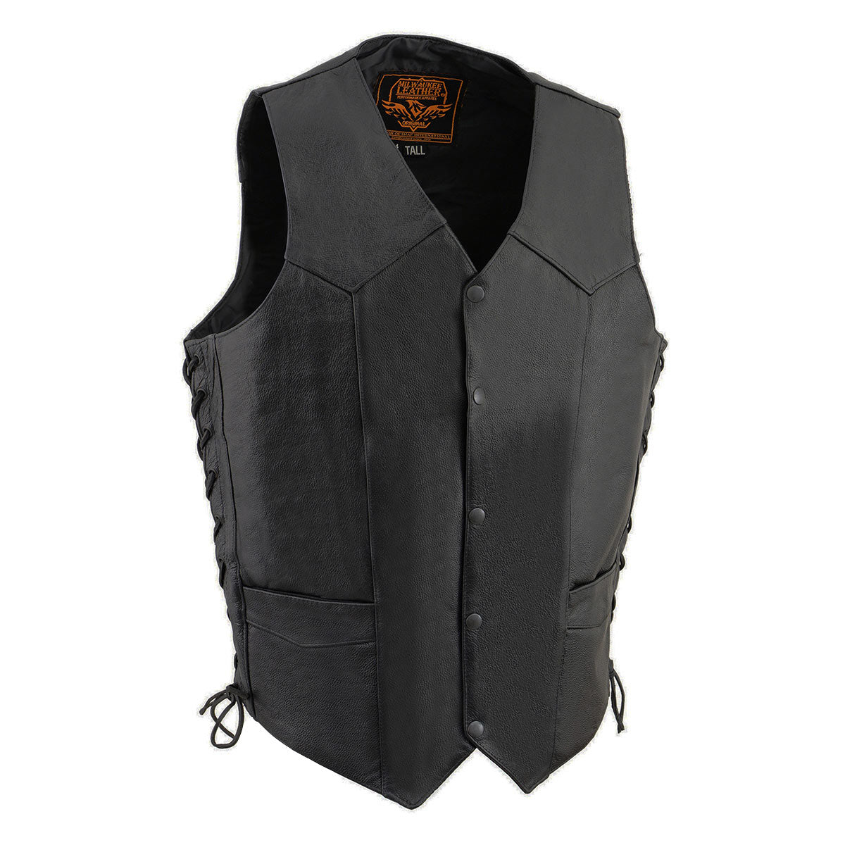 Milwaukee Leather SH1315Tall Men's Black Leather Classic V-Neck Side Lace Motorcycle Rider Vest w/ Snap Closure