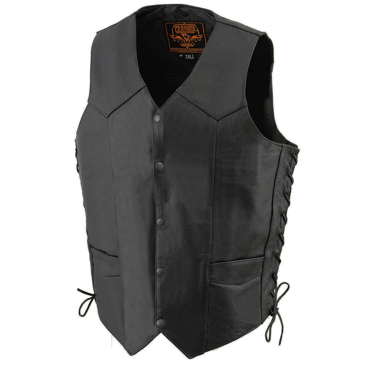 Milwaukee Leather SH1315Tall Men's Black Leather Classic V-Neck Side Lace Motorcycle Rider Vest w/ Snap Closure