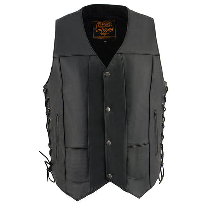 Milwaukee Leather SH1391 Men's Black Leather 10 Pocket V-Neck Side Lace Motorcycle Rider Vest w/ Front Snap Closure