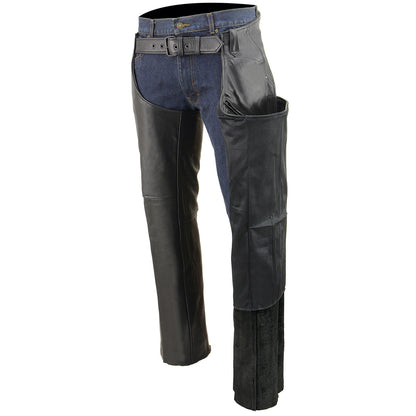 Milwaukee Leather Men’s Black Premium Leather Motorcycle Rider Chaps w/ Front 3-Pockets - Thigh Patch Pocket-SH1766