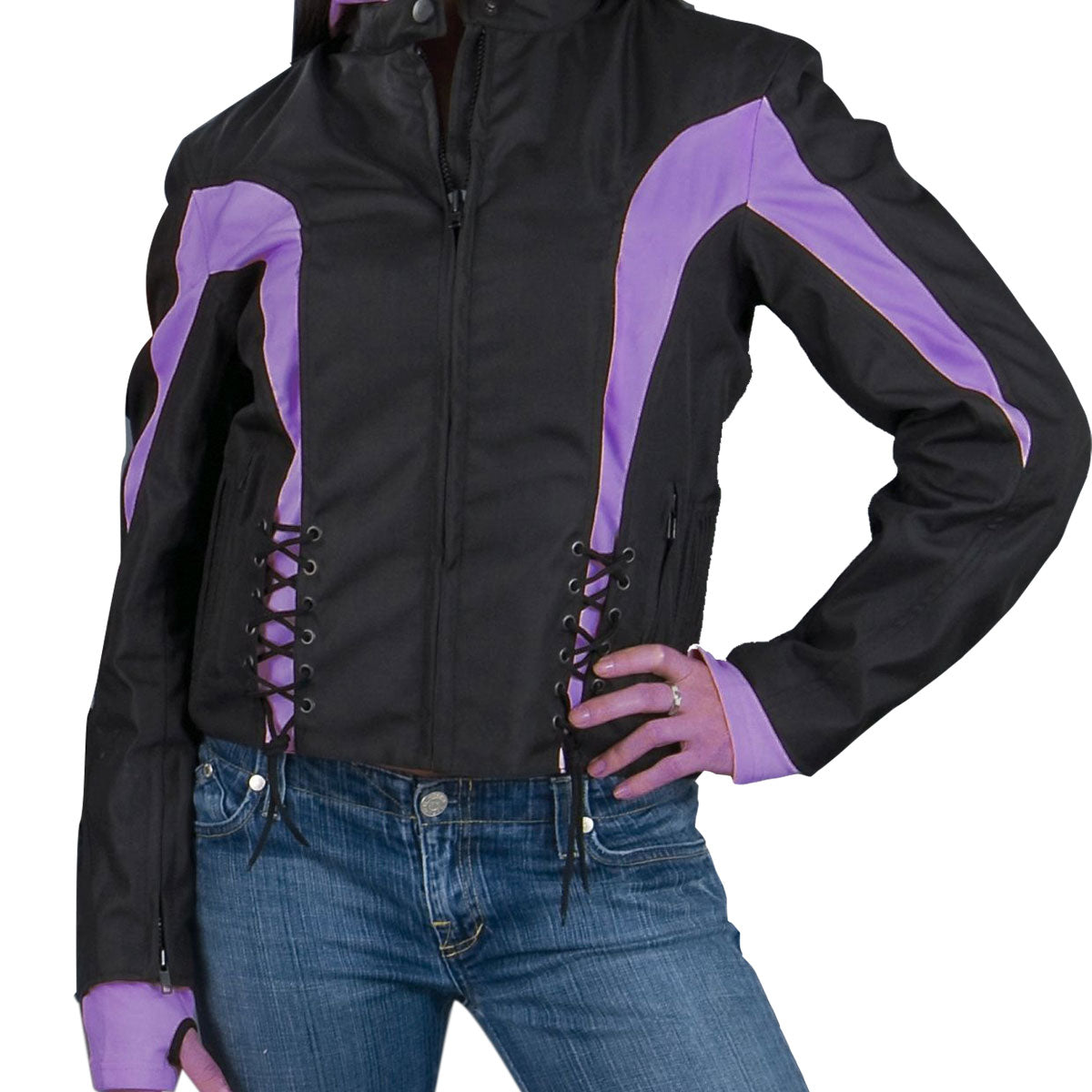 Nexgen Riding Jacket NexGen Ladies SH1906 Black and Purple Textile Racer Jacket with Hoodie ...