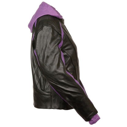 Milwaukee Leather SH1951 Women's Striped Black and Purple Leather Jacket with Zip-Out Hoodie