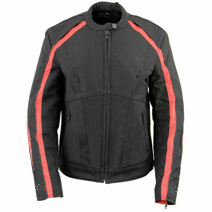 Milwaukee Leather SH1954 Women's Black and Red Textile Jacket with Stud and Wings Detailing