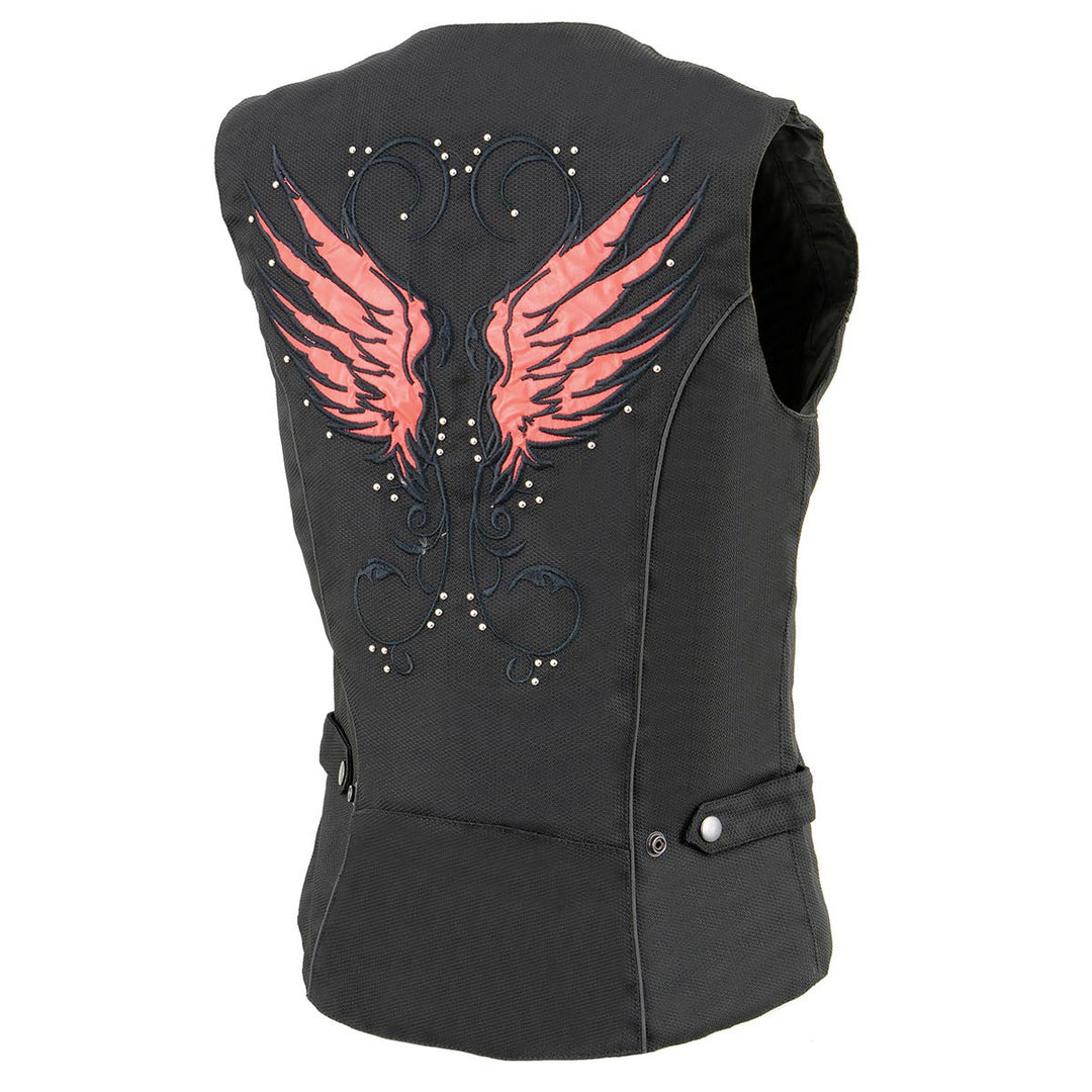 Milwaukee Leather SH1955 Ladies Black and Red Textile Vest with Wing Embroidery
