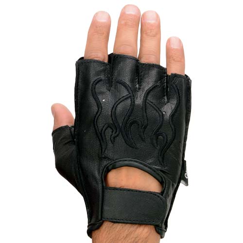 Xelement XG198 Men's Embroidered 'Flamed' Fingerless Black Motorcycle Leather Gloves