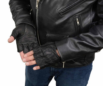 Milwaukee Leather SH198 Men's Black Leather Gel Padded Palm Fingerless Motorcycle Hand Gloves W/ ‘Black Flame Embroidered’