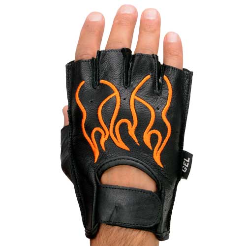 Milwaukee Leather SH198 Men's Black Leather Gel Padded Palm Fingerless Motorcycle Hand Gloves W/ ‘Orange Flame Embroidered’