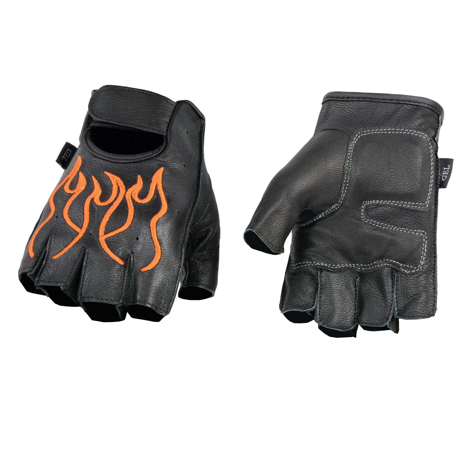 Xelement XG198 Men's Embroidered 'Flamed' Fingerless Black and Orange Motorcycle Leather Gloves