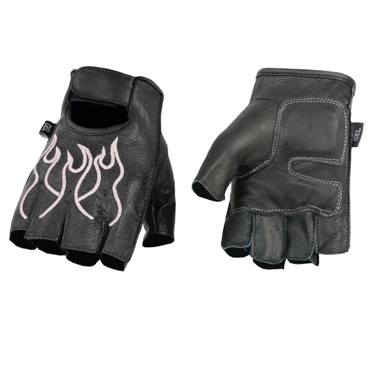 Milwaukee Leather SH198 Women's Black Leather Gel Padded Palm Fingerless Motorcycle Hand Gloves W/ ‘Pink Flame Embroidered’
