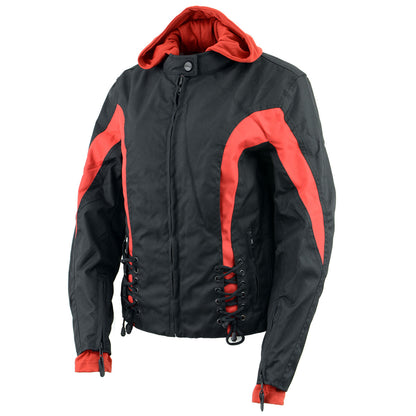 NexGen SH1998 Ladies Red and Black Textile Racer Jacket with Removable Hoodie