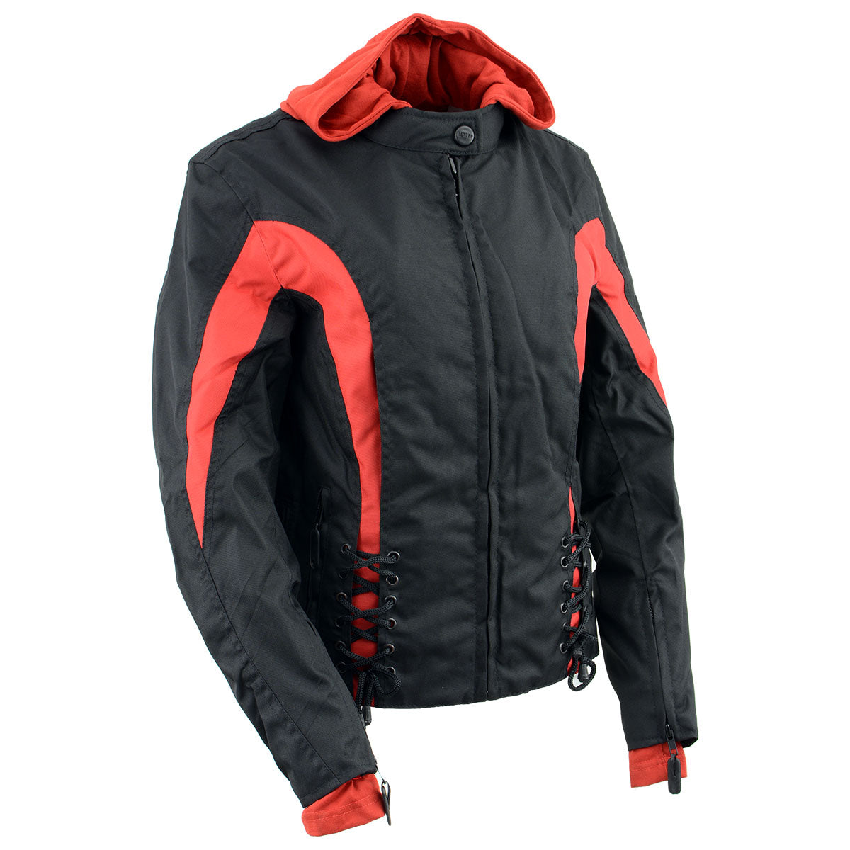 NexGen SH1998 Ladies Red and Black Textile Racer Jacket with Removable Hoodie