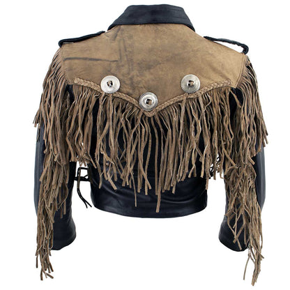 Leather King SH2015 Ladies ‘Fringed’ Cropped Two Tone Jacket with Braiding Detail