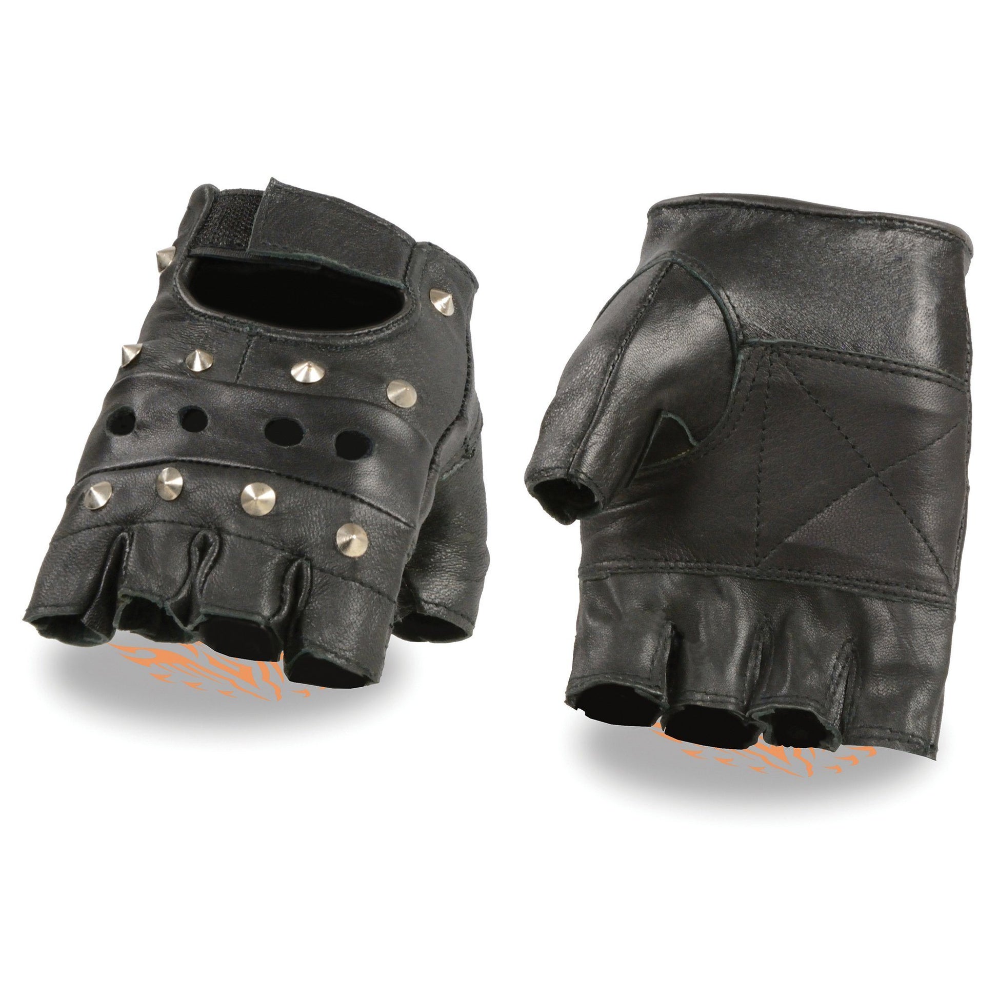 Milwaukee Leather SH211 Men's Black Leather Gel Padded Palm Fingerless Motorcycle Hand Gloves W/ ‘Open Knuckle’ & Detailing