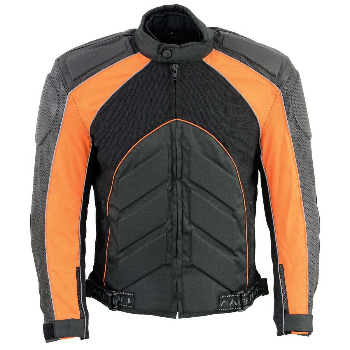 NexGen SH2153 Men's Black and Orange Armored Moto Textile and Leather Combo Jacket