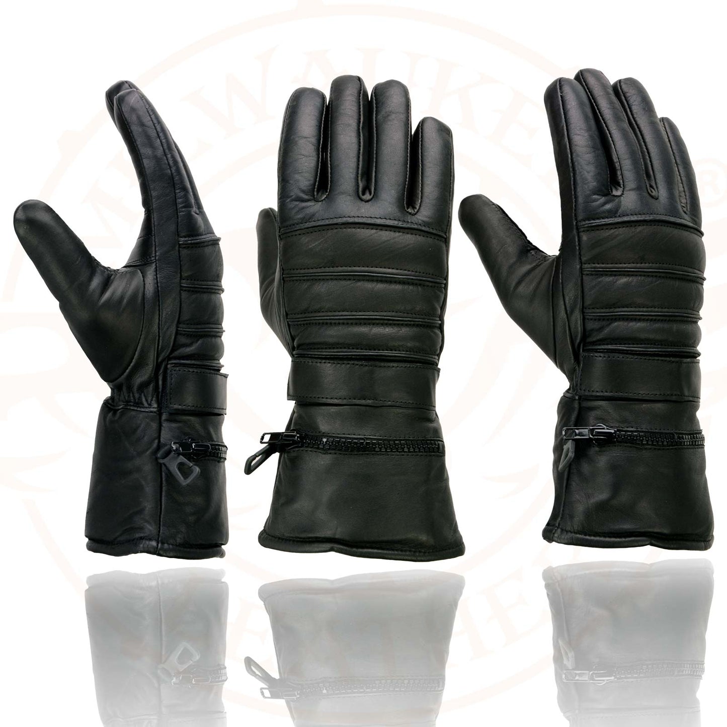 Milwaukee Leather SH232 Men's Black Leather Warm Lining Gauntlet Motorcycle Hand Gloves W/ Rain Mitten and Adjustable Strap