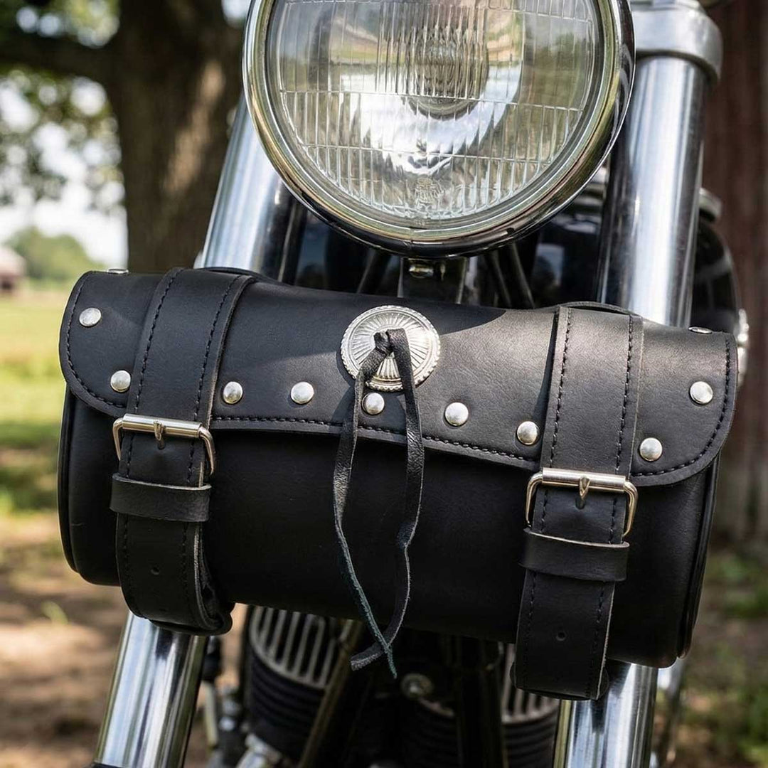 Milwaukee Leather SH62602 Black Small PVC Double Strap with Rivet’s and Concho Windshield-Tool Bag