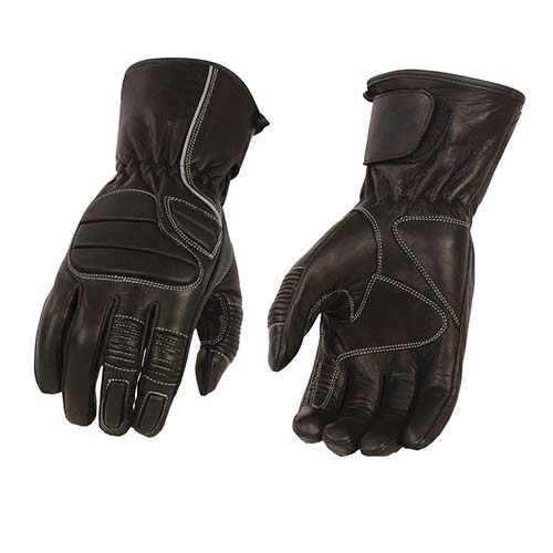 Milwaukee Leather SH607 Men's Black Leather Gauntlet Padded Back Racing Motorcycle Hand Gloves W/ Reflective Piping.