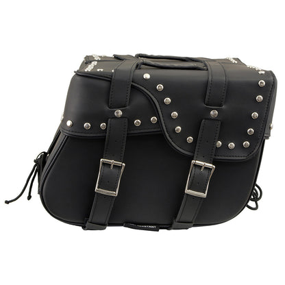 Milwaukee Leather SH645ZB Black 2-Strap PVC Zip Off Throw Over Motorcycle Saddlebags with Chrome Studs