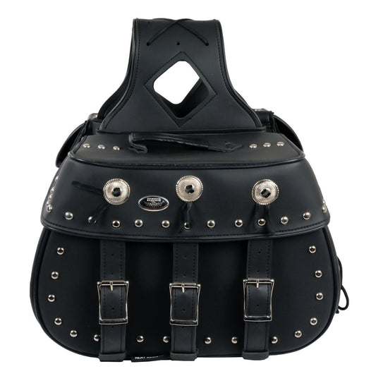 Milwaukee Leather SH652ZB Black Zip-Off Triple Buckle PVC Throw Over Motorcycle Saddlebags with Studs (18X11X7X19)