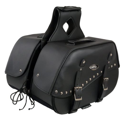 Milwaukee Leather SH655ZB Black Zip-Off Two Buckle Extended Lid Studded PVC Throw Over Motorcycle Saddlebags (19X12X7X20)