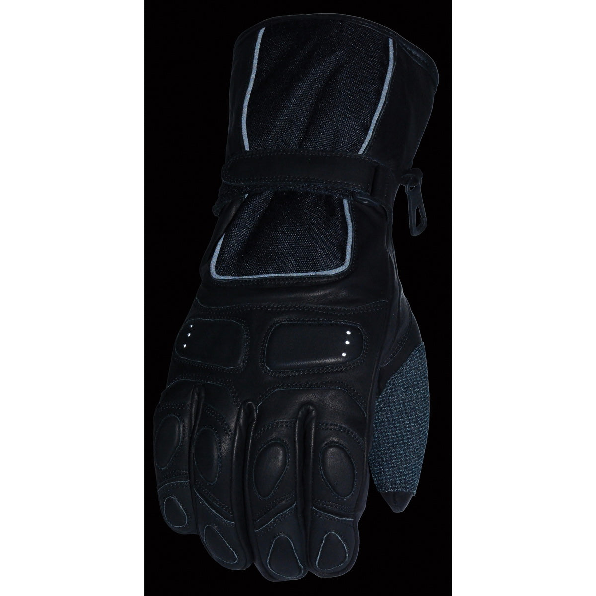 Milwaukee Leather Men's Black Gauntlet Motorcycle Hand Gloves-Waterproof Textile and Leather Reflective Piping-SH814
