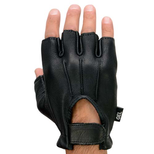 Milwaukee Leather SH878 Men's Black Leather Gel Padded Palm Fingerless Motorcycle Hand Gloves ‘Welted Genuine USA Deerskin’