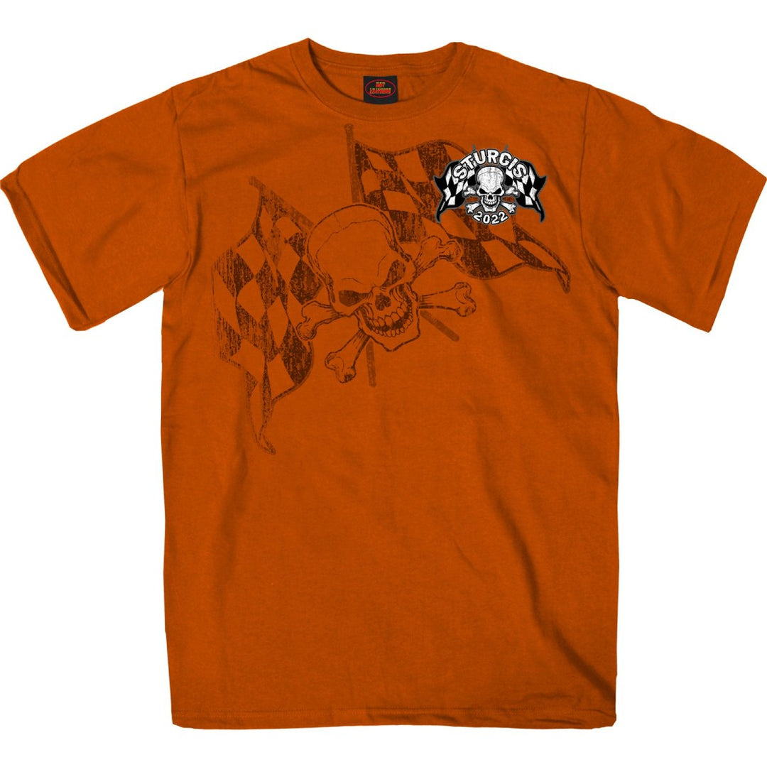 2022 Sturgis Motorcycle Rally SPB1011 Men’s Skull And Checkered Flag Orange T-Shirt